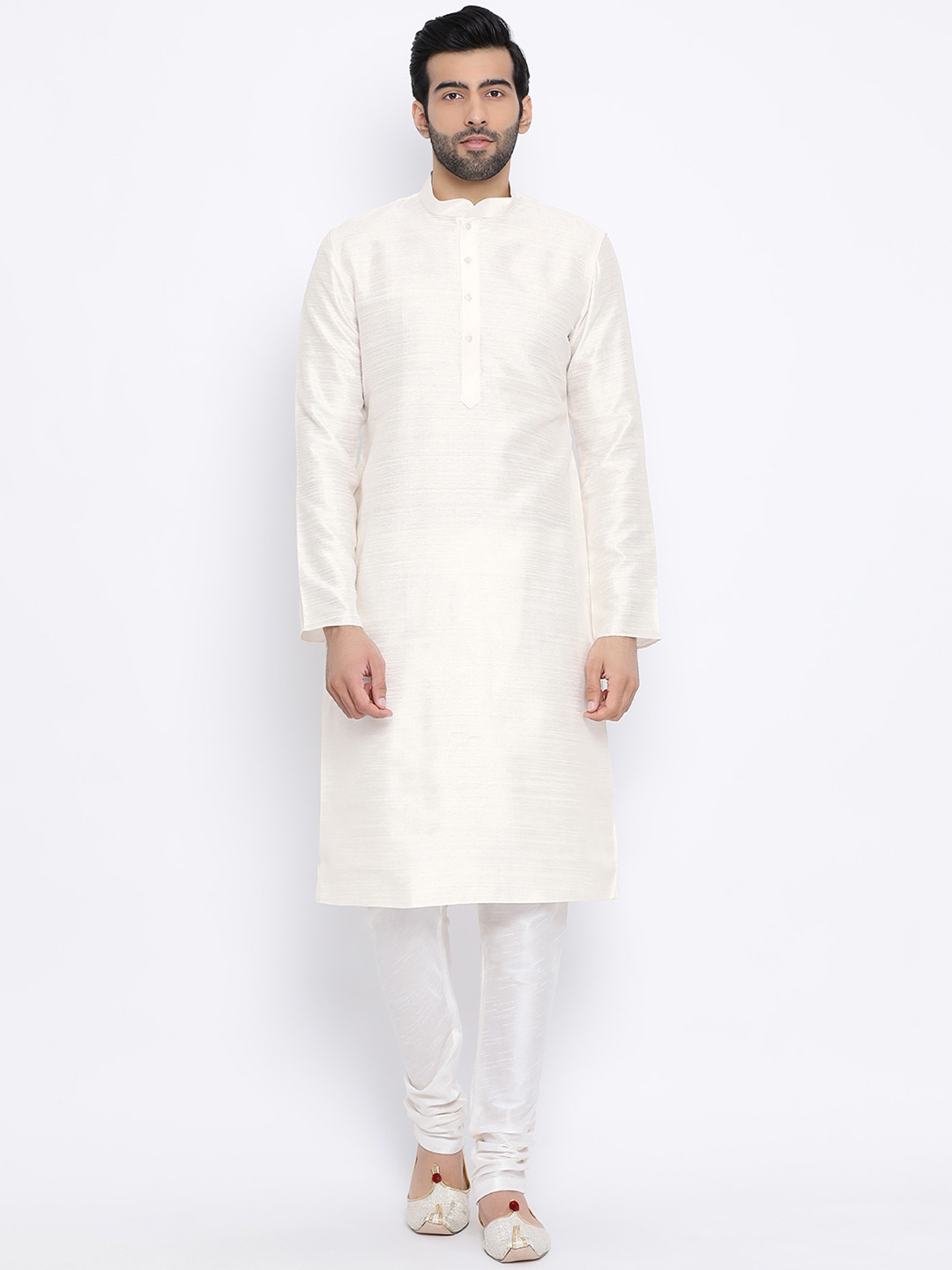 

NAMASKAR Men Off White Solid Dupion Silk Straight Kurta