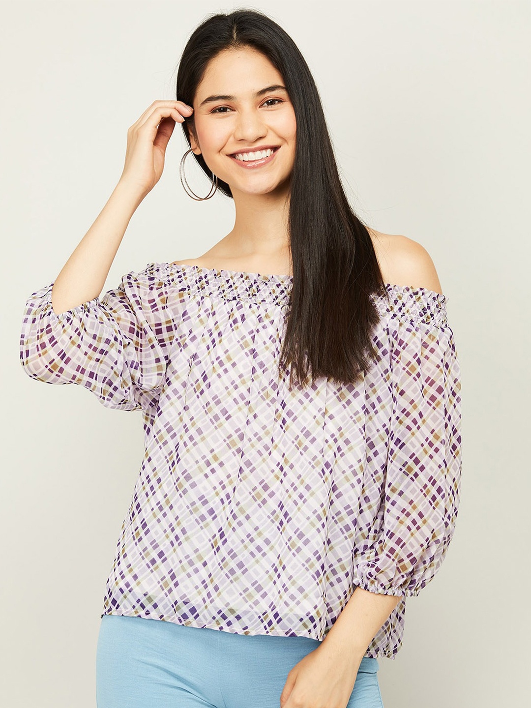 

CODE by Lifestyle Purple Geometric Print Off-Shoulder Bardot Top