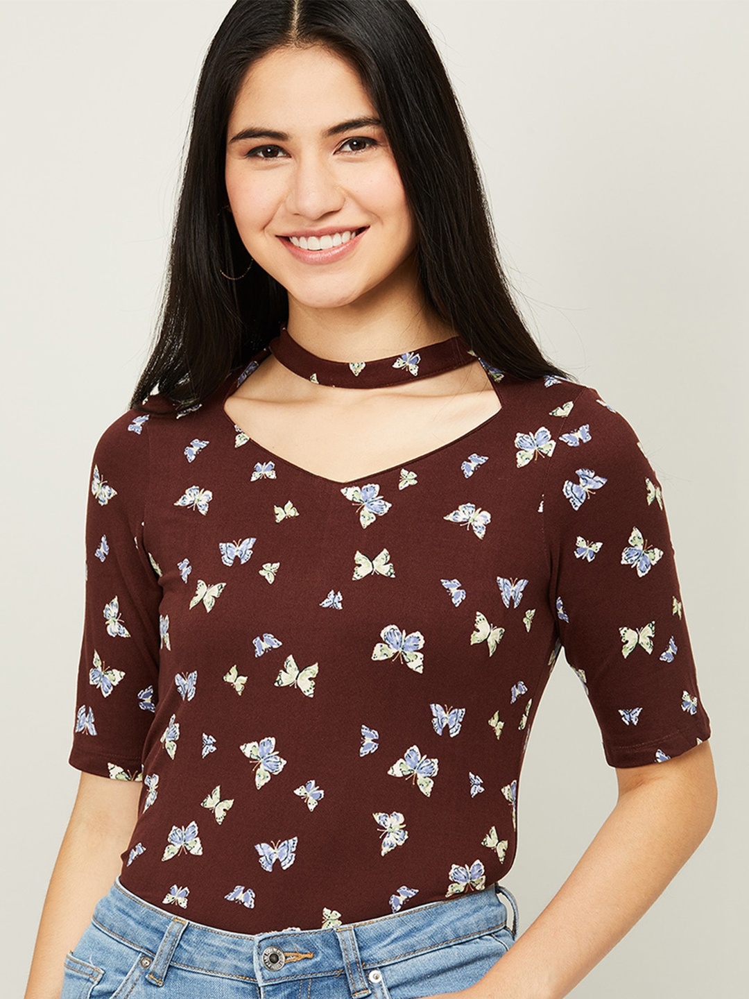 

CODE by Lifestyle Brown Floral Print Choker Neck Top