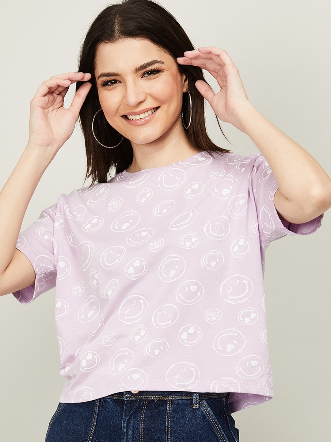 

SmileyWorld Purple Print Extended Sleeves Boxy Top