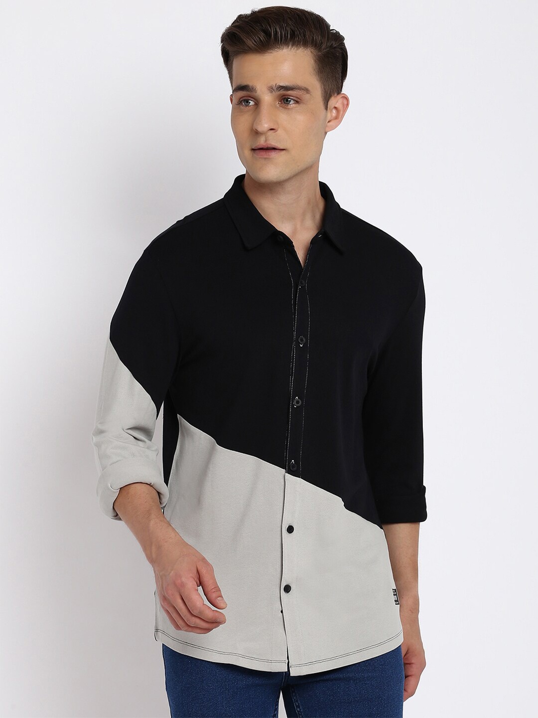 

abof Men Black Slim Fit Colourblocked Casual Shirt