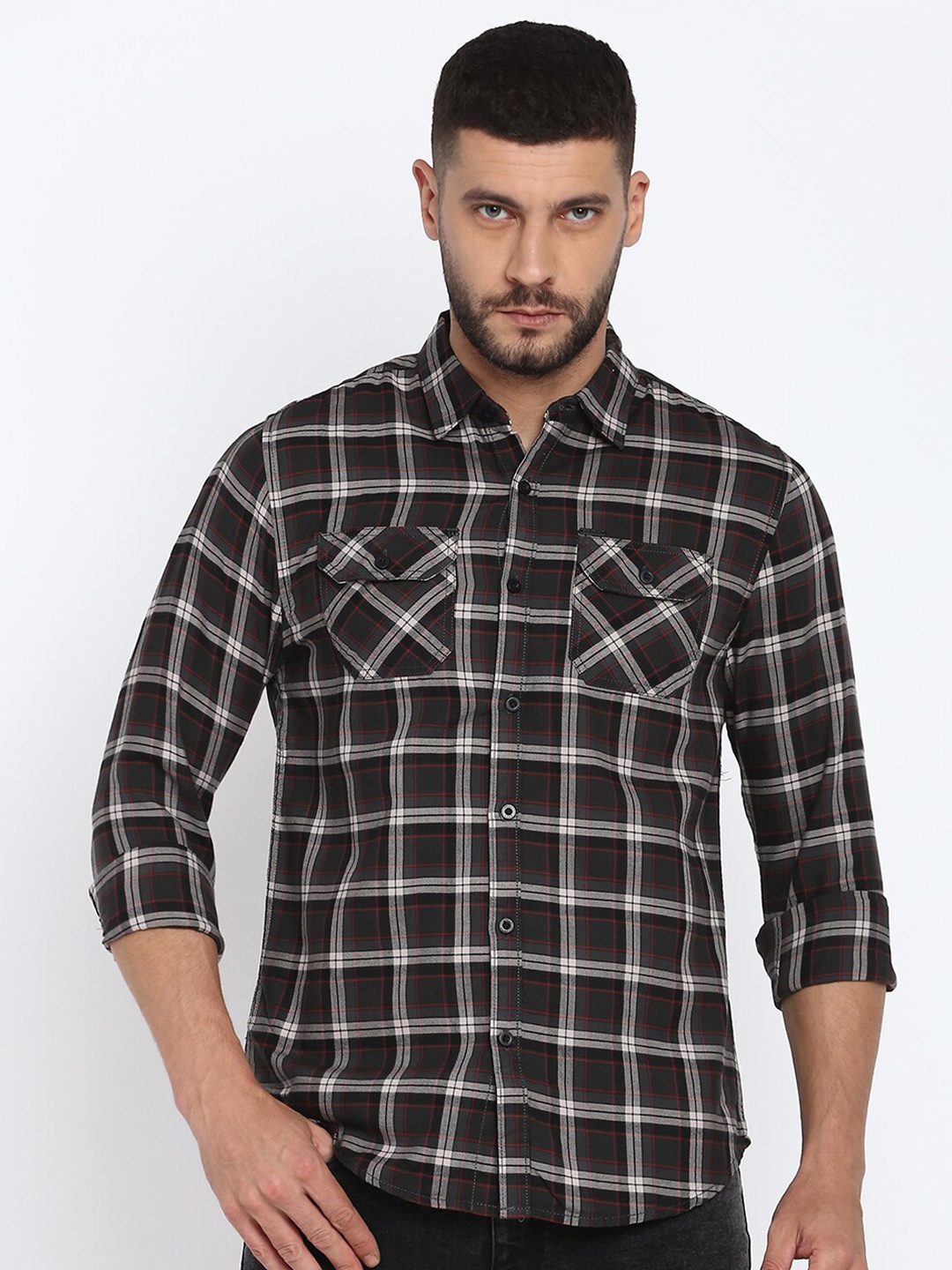 

abof Men Grey Slim Fit Tartan Checks Checked Casual Shirt