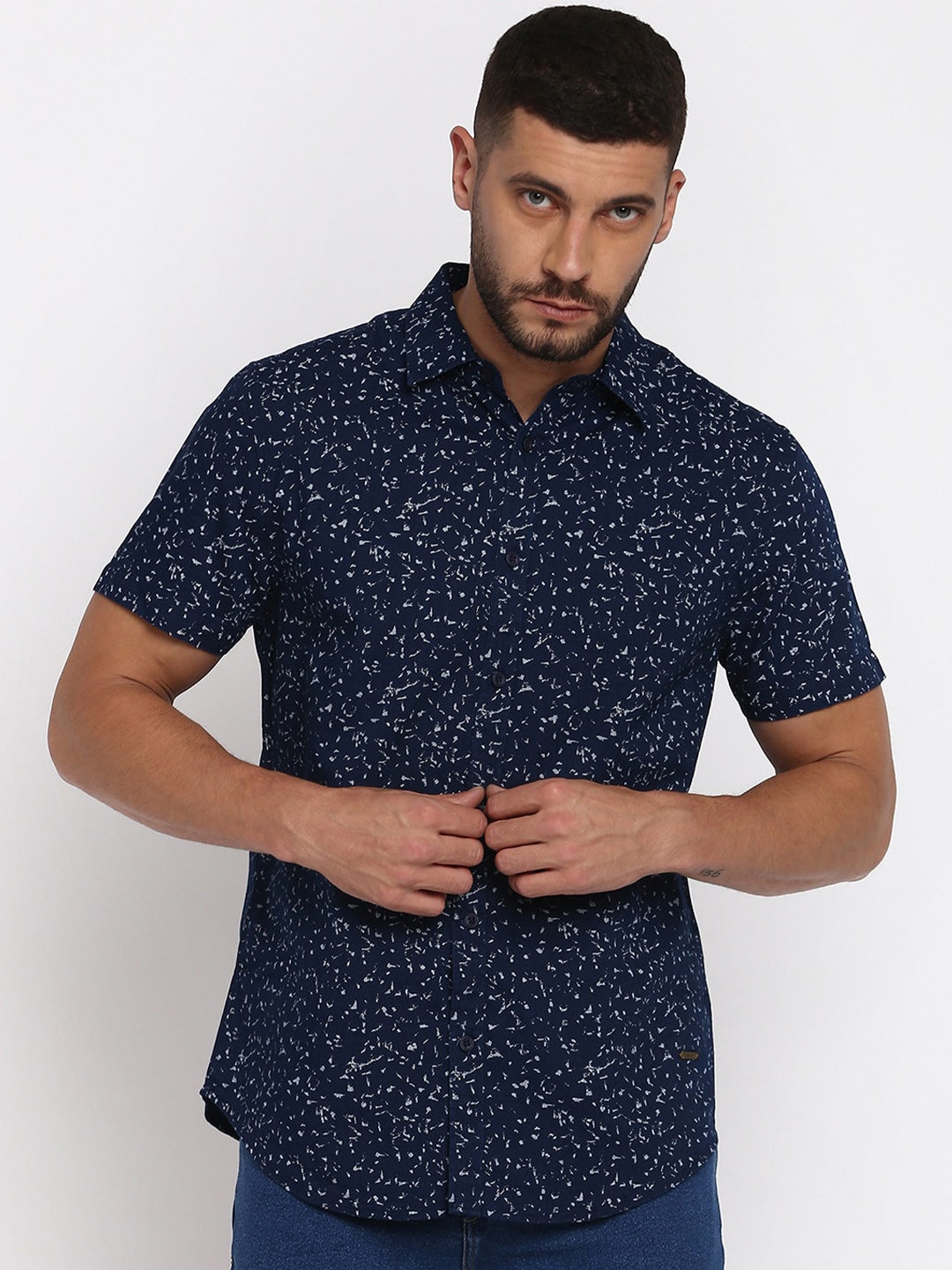 

abof Men Navy Blue Printed Casual Shirt
