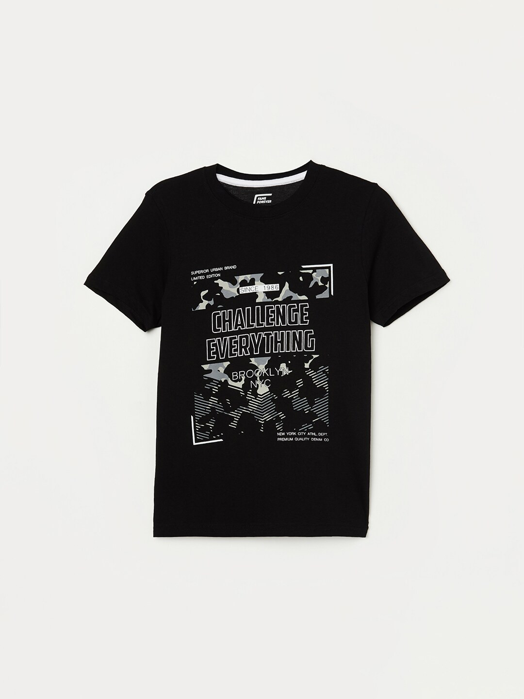 

Fame Forever by Lifestyle Boys Black Typography Printed Pure Cotton Applique T-shirt