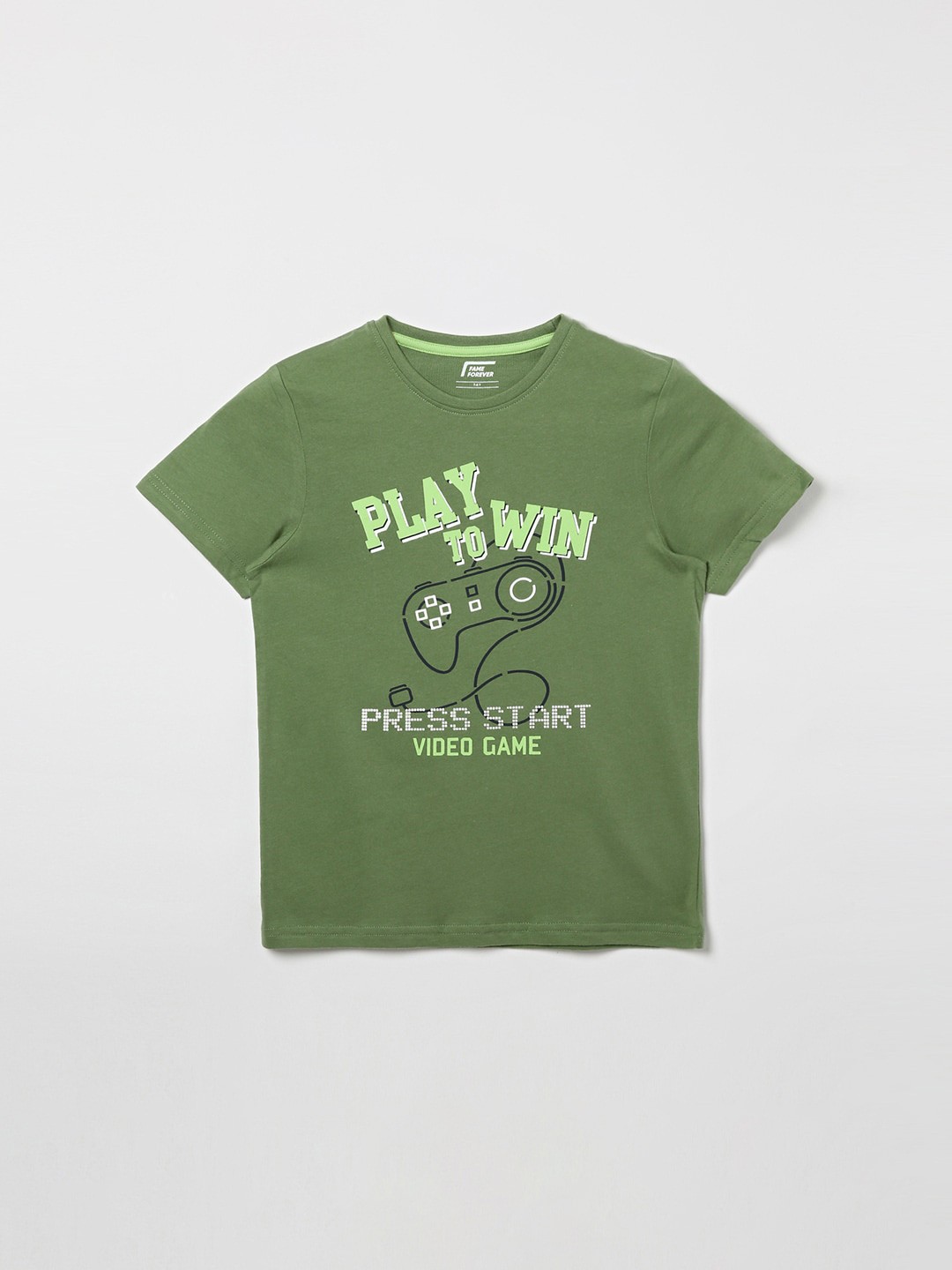 Fame Forever by Lifestyle Boys Olive Green Typography Printed Pure Cotton Applique T-shirt
