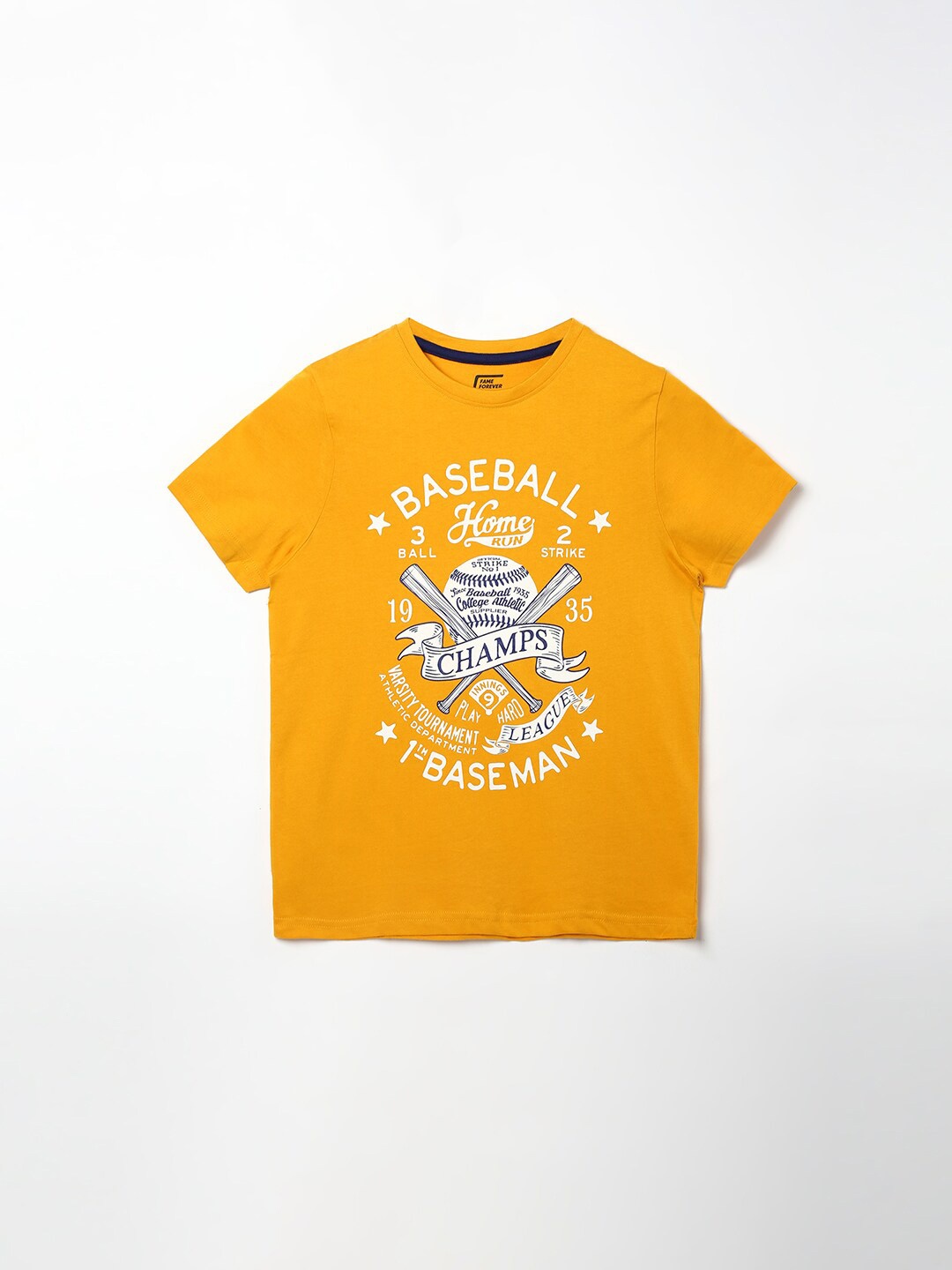 

Fame Forever by Lifestyle Boys Yellow Typography Printed Pure Cotton Applique T-shirt