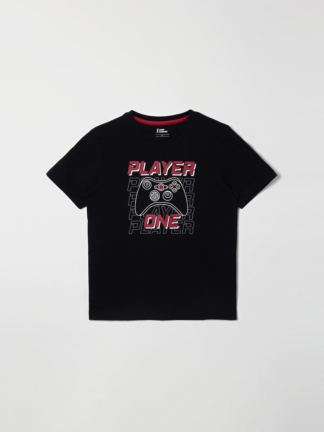 

Fame Forever by Lifestyle Boys Black Typography Printed Pure Cotton Applique T-shirt