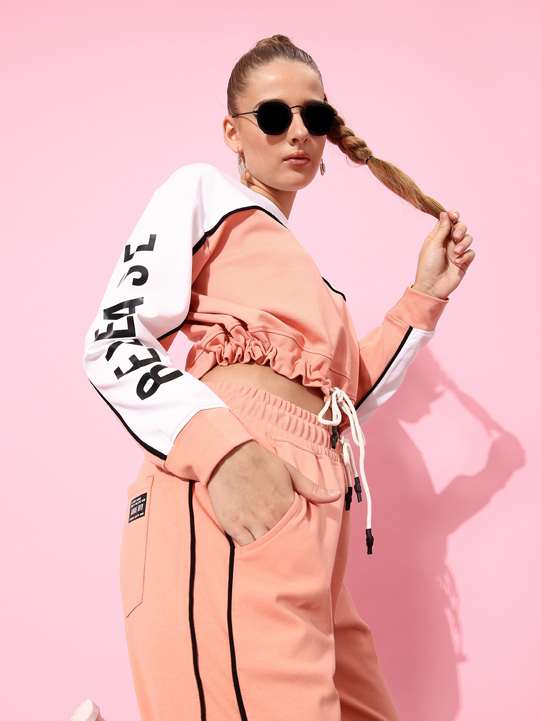 

abof Women Peach Colourblocked Sweatshirt with Track Pants