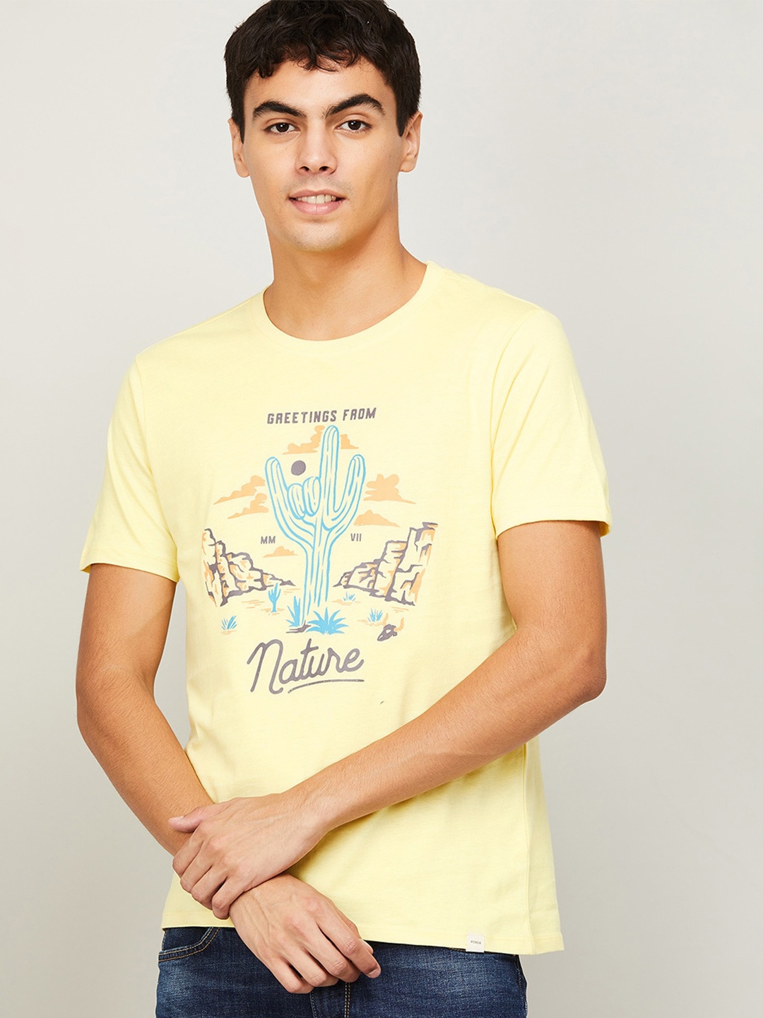 

Forca by Lifestyle Men Yellow Typography Printed Raw Edge Slim Fit T-shirt