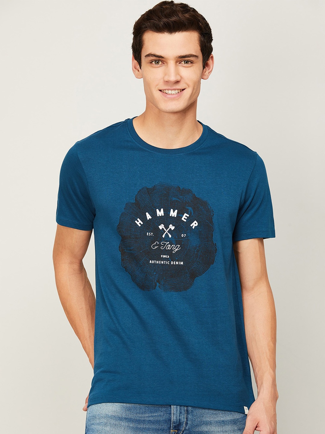 

Forca by Lifestyle Men Navy Blue Typography Printed Applique Slim Fit T-shirt