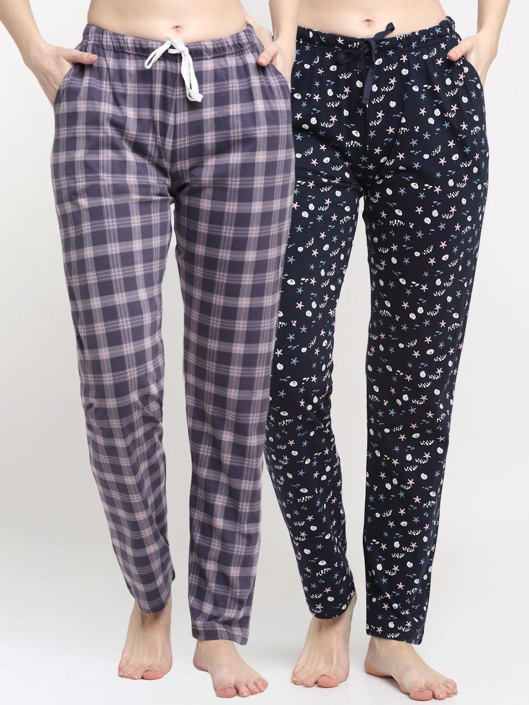 

Kanvin Women Pack Of 2 Printed Pure Cotton Lounge Pants, Navy blue