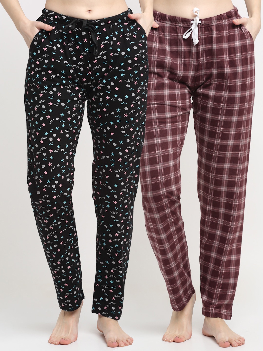 

Kanvin Women Pack Of 2 Printed Pure Cotton Lounge Pants, Black