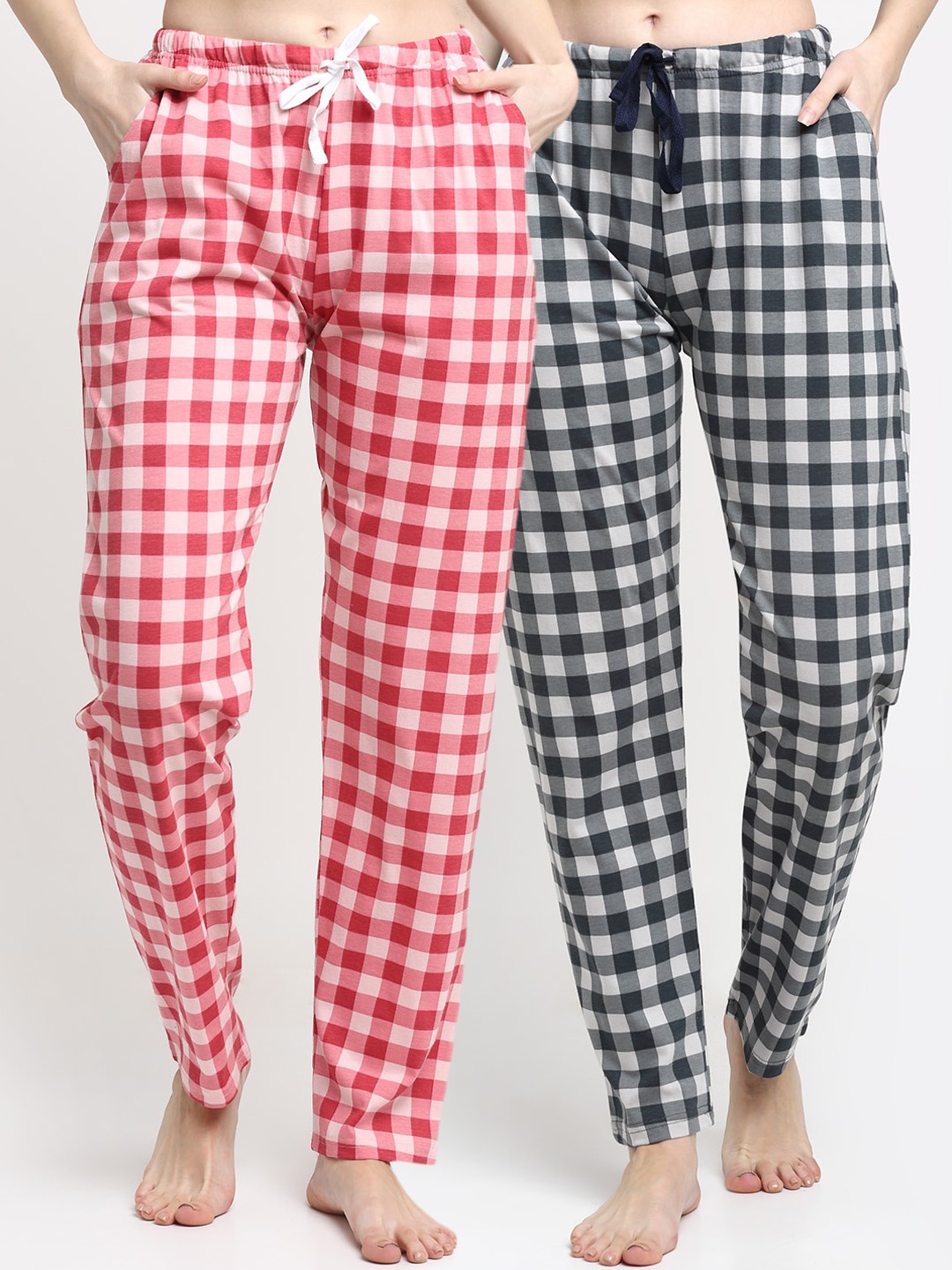 

Kanvin Women Pack of 2 Checked Pure Cotton Lounge Pants, Pink