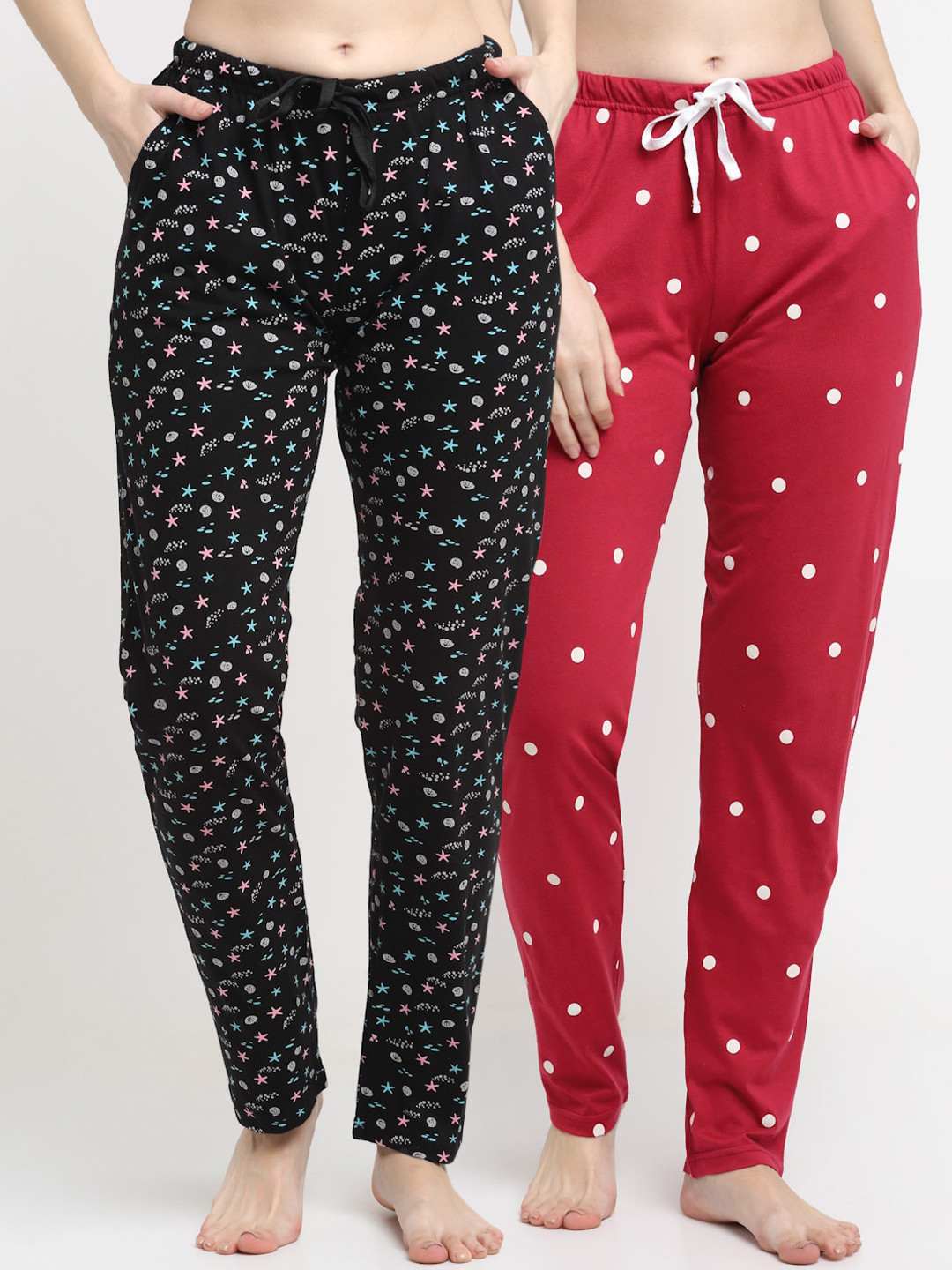 

Kanvin Women Pack Of 2 Printed Pure Cotton Lounge Pants, Red