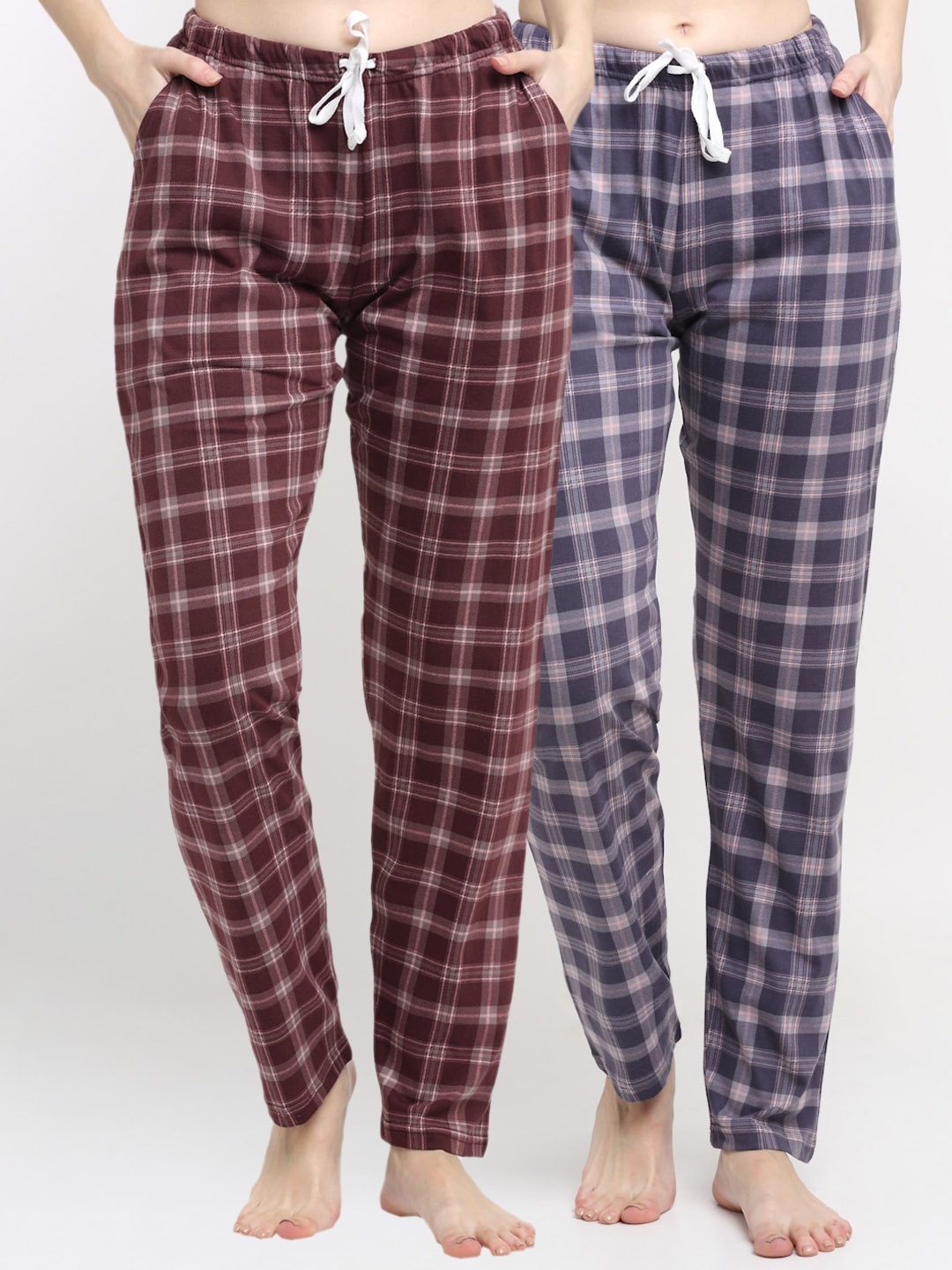 

Kanvin Women Pack Of 2 Checked Pure Cotton Lounge Pants, Brown