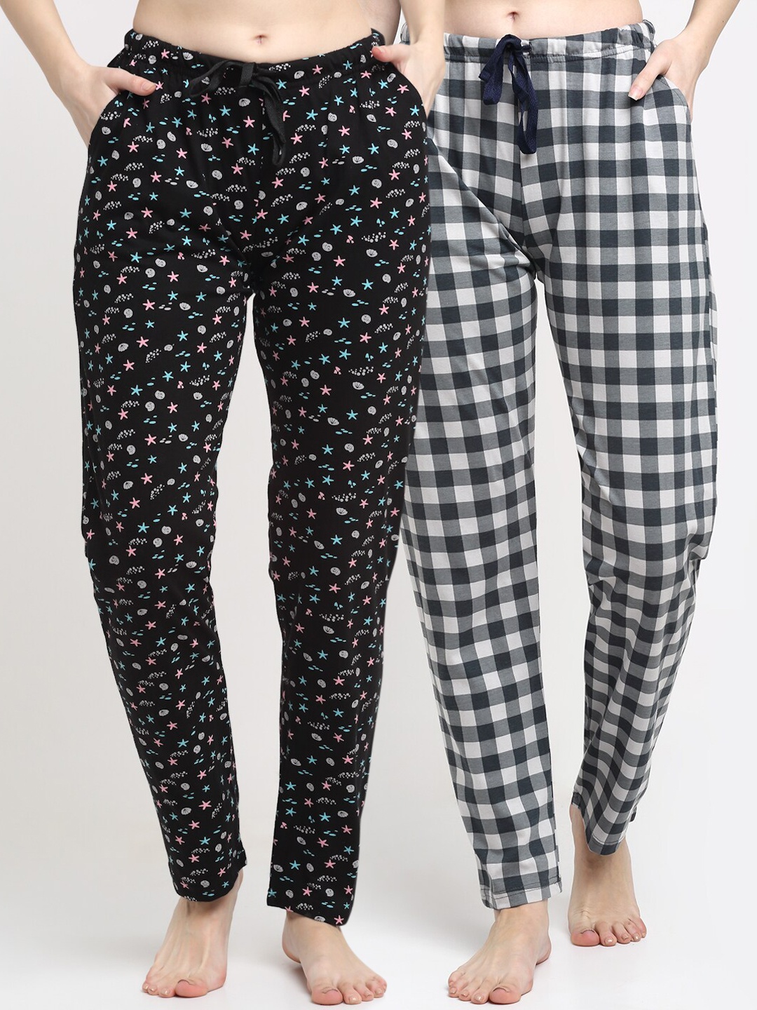 

Kanvin Women Pack Of 2 Printed Pure Cotton Lounge Pants, Black