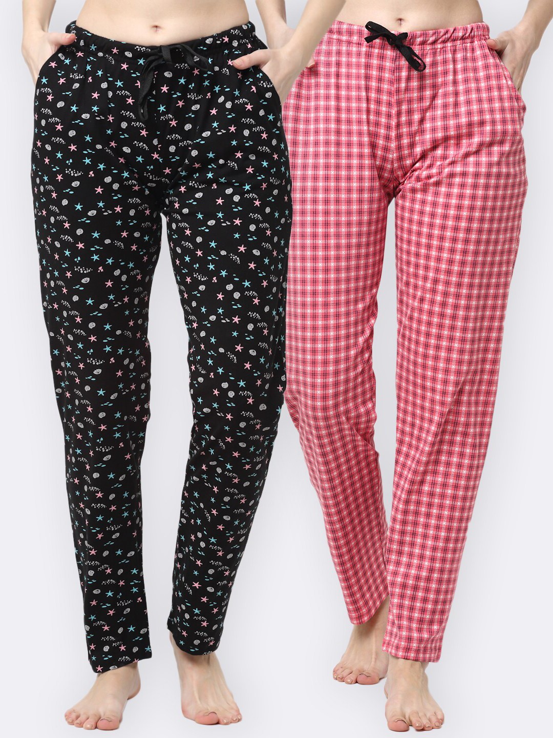 

Kanvin Women Pack Of 2 Printed Pure Cotton Lounge Pants, Pink