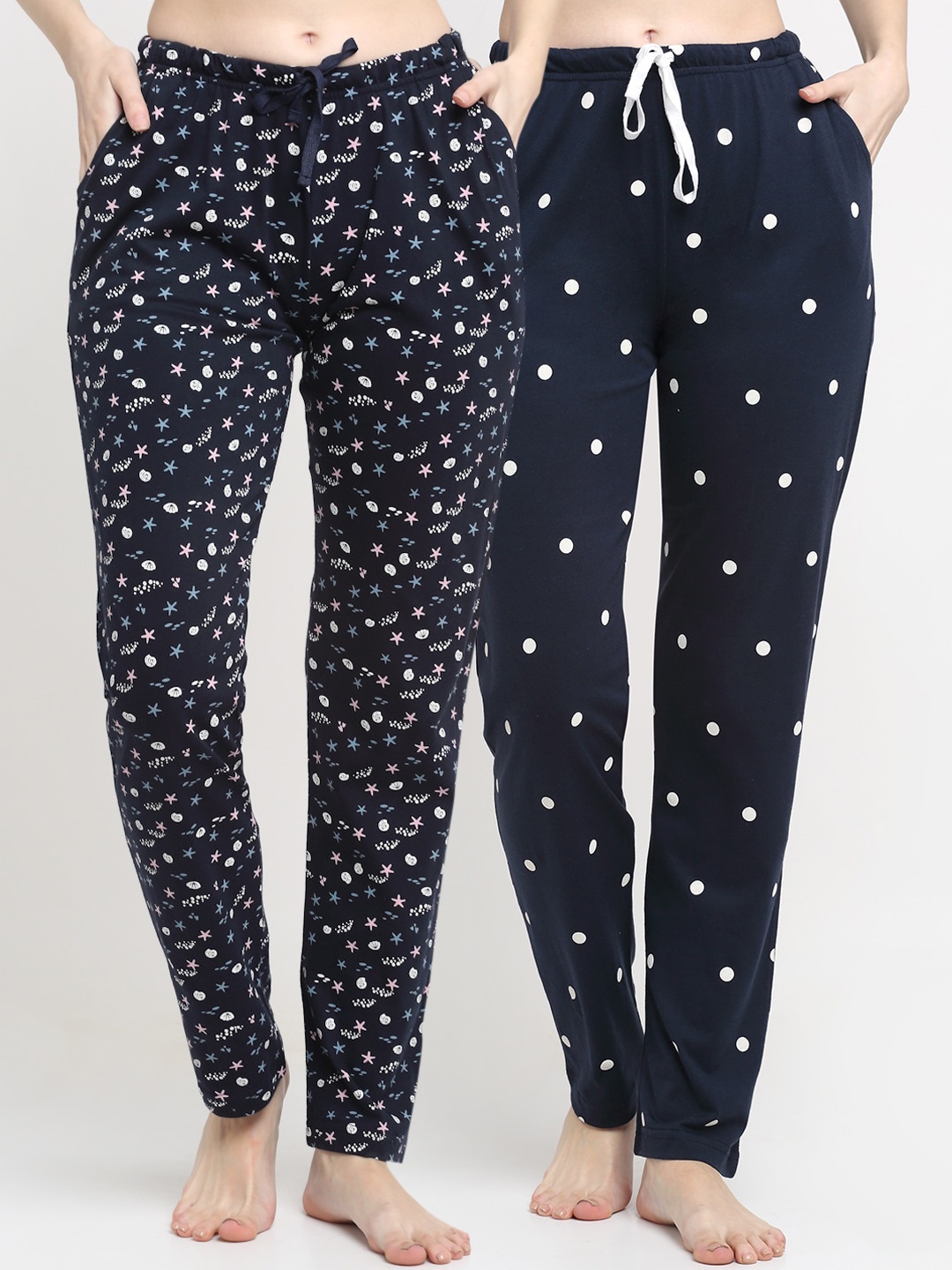 

Kanvin Women Pack Of 2 Printed Pure Cotton Lounge Pants, Navy blue