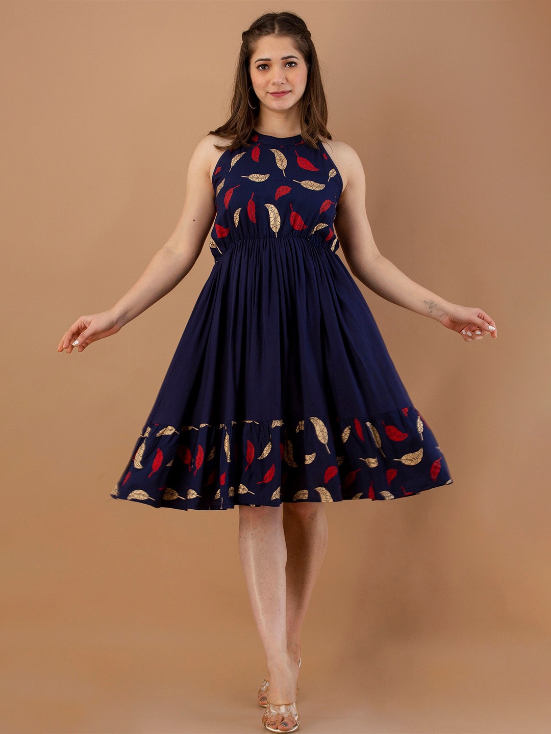 

DAEVISH Blue Floral Halter Neck Liva Dress