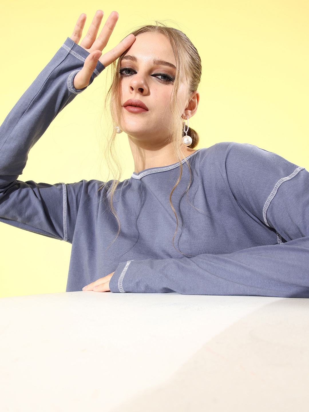 

abof Women Stylish Blue Solid Nuovo Sleeves Tshirt