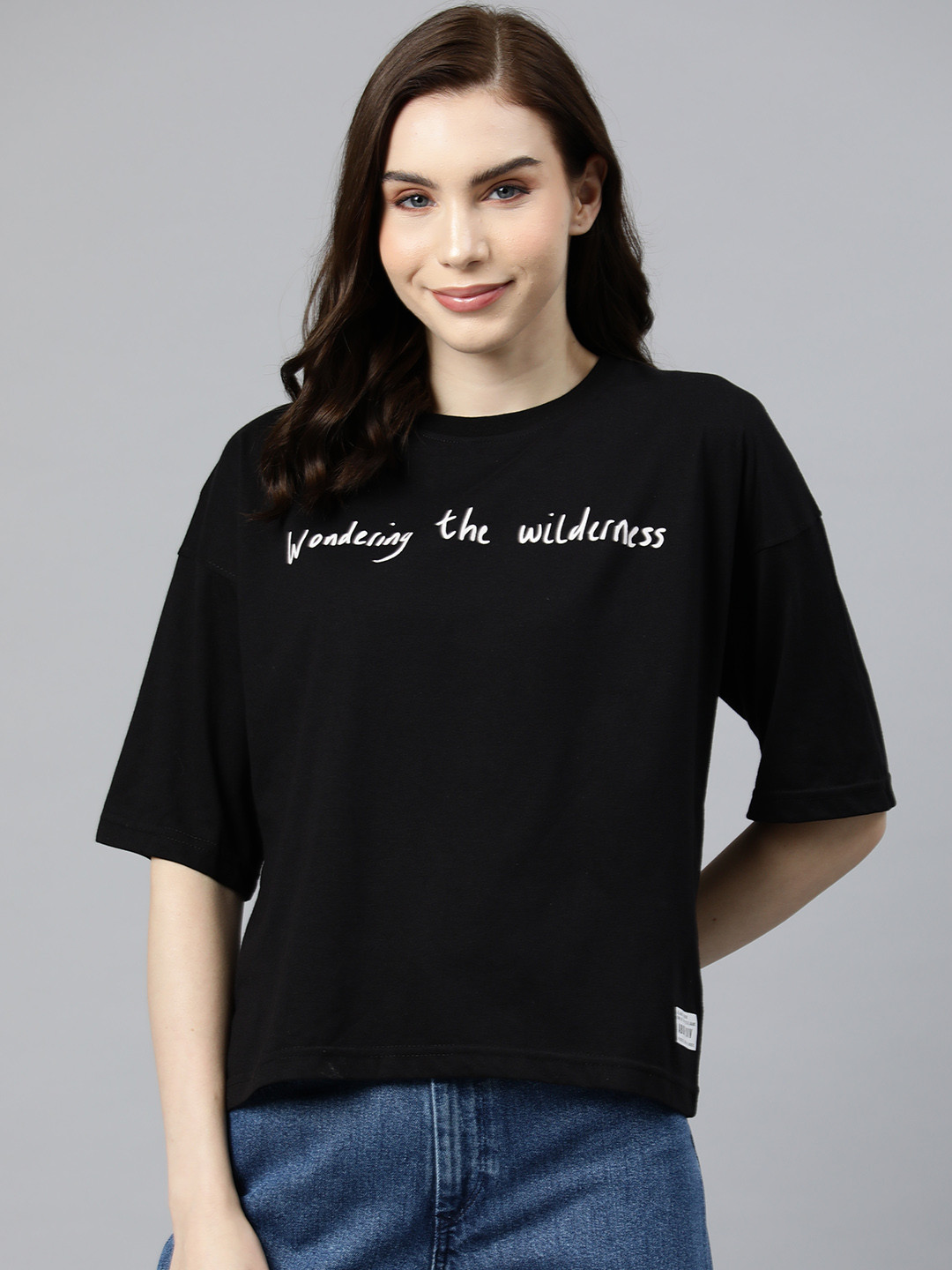 

abof Graphic Printed Drop-Shoulder Sleeves Pure Cotton T-shirt, Black
