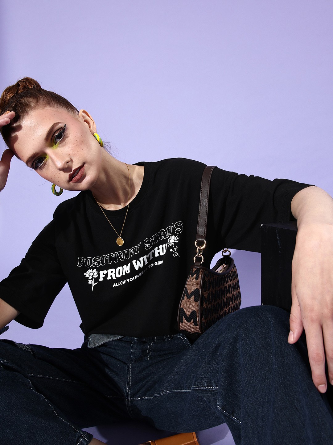 

abof Women Stylish Black Typography Joyful Conversation Tshirt