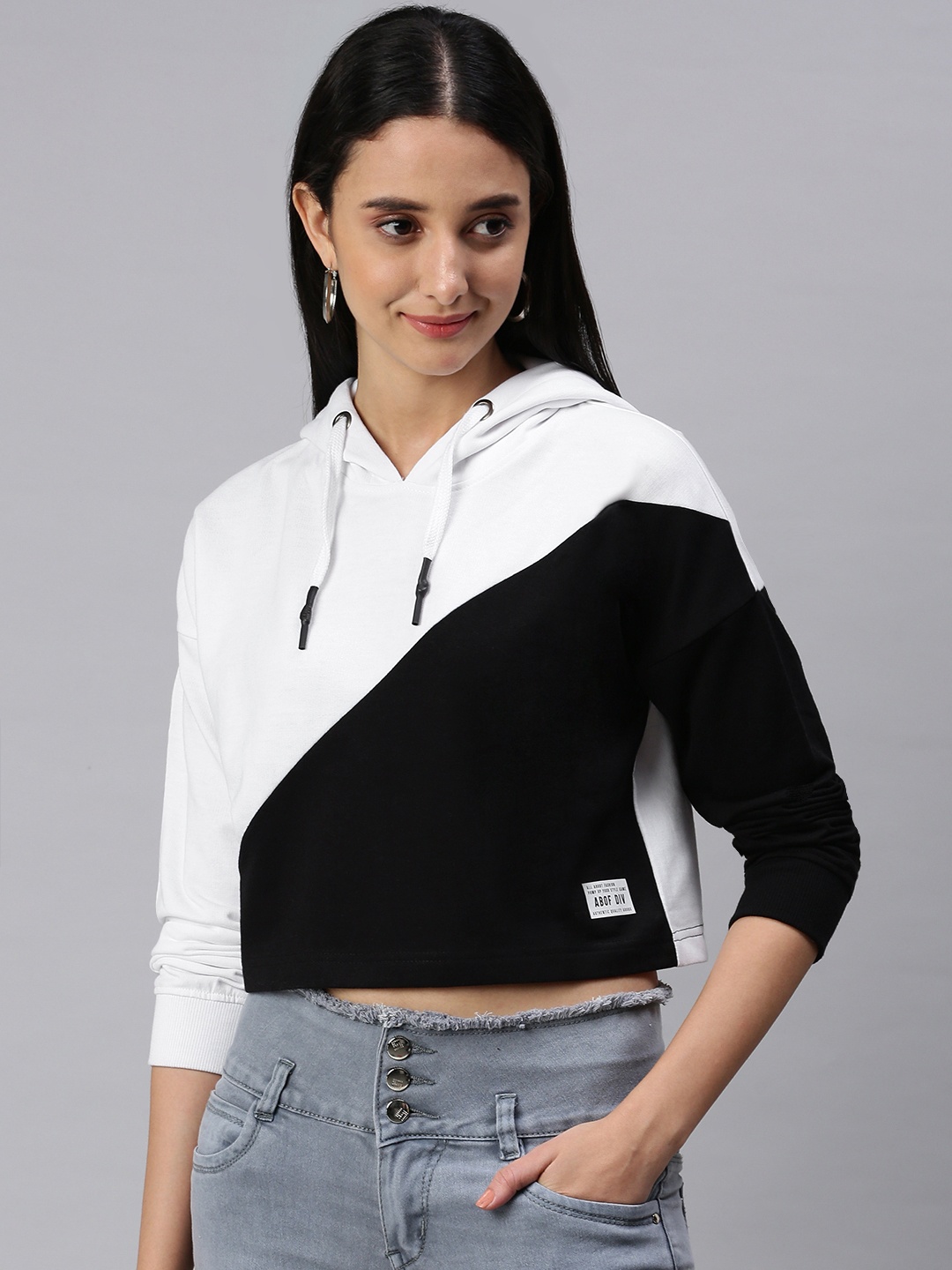 

abof Women White & Black Colourblocked Hooded Sweatshirt