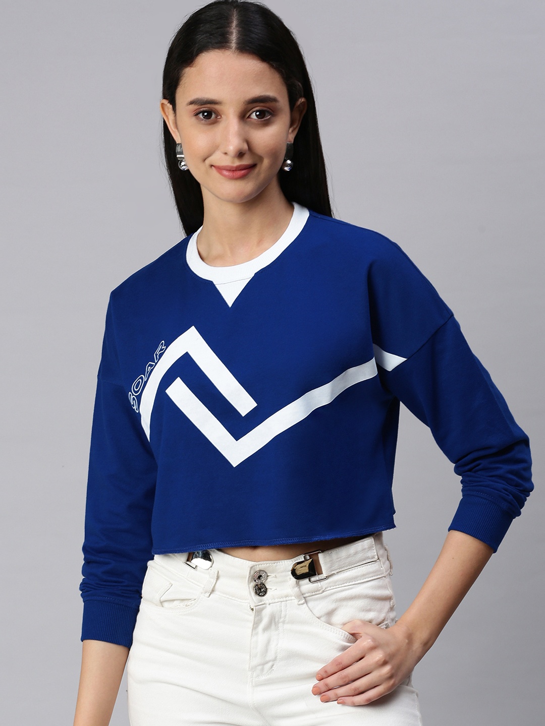 

abof Women Blue & White Printed Crop Sweatshirt