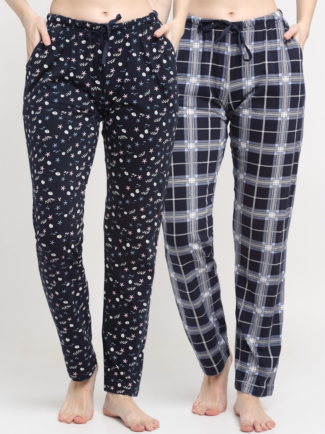 

Kanvin Women Pack Of 2 Printed Pure Cotton Lounge Pants, Navy blue