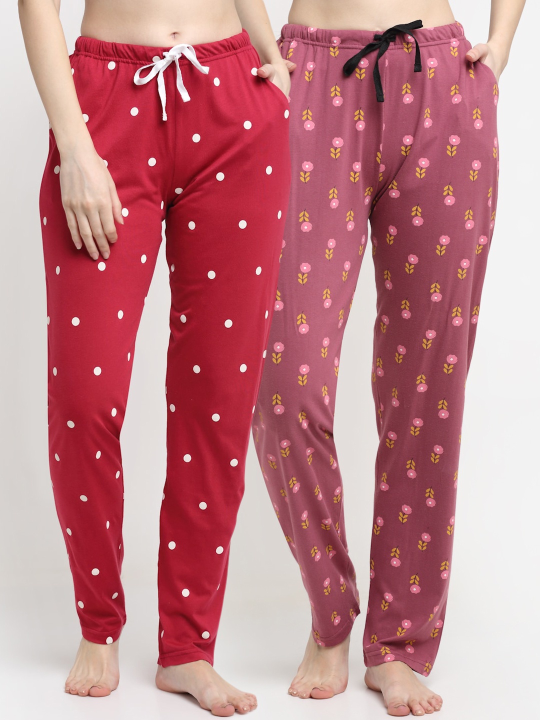 

Kanvin Women Pack Of 2 Red & Pink Printed Pure Cotton Lounge Pants