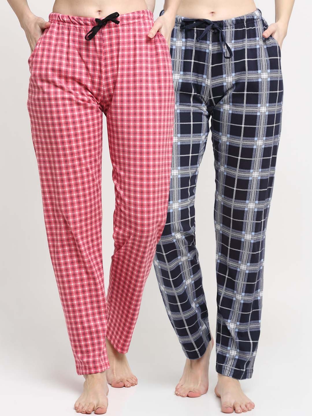 

Kanvin Women Pack Of 2 Checked Pure Cotton Lounge Pants, Navy blue