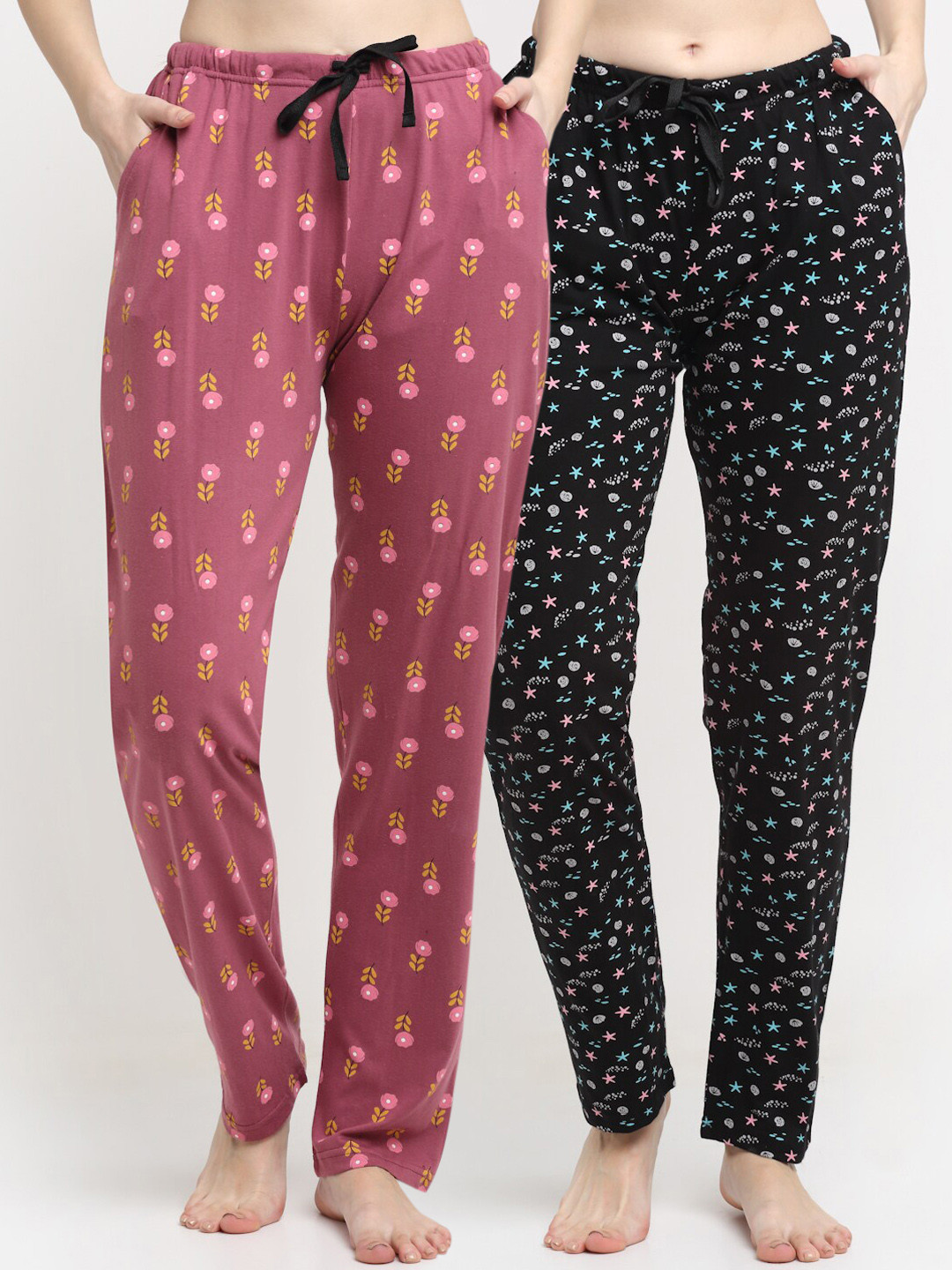 

Kanvin Women Pack of 2 Printed Pure Cotton Lounge Pants, Pink