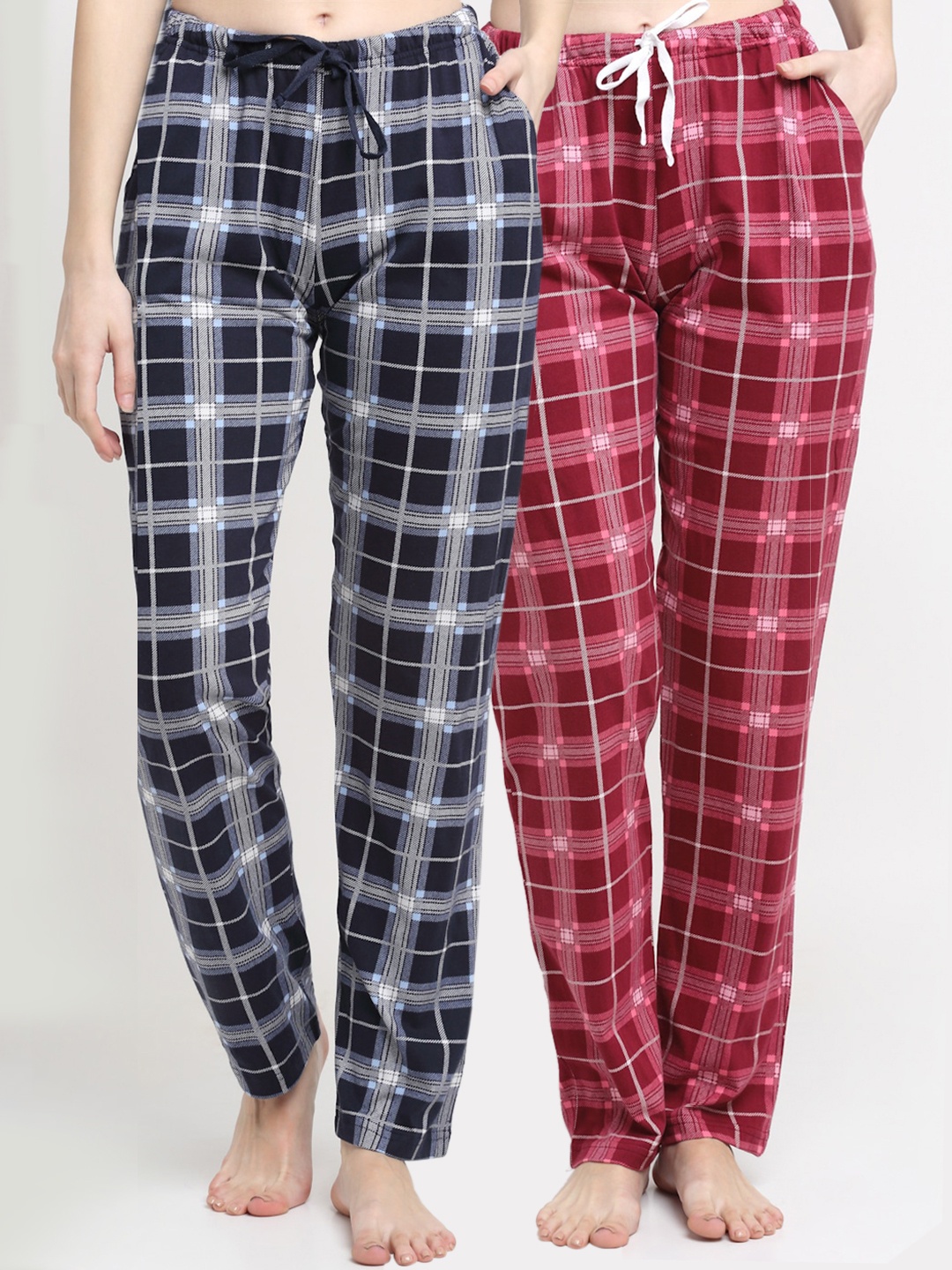 

Kanvin Women Pack Of 2 Checked Pure Cotton Lounge Pants, Navy blue