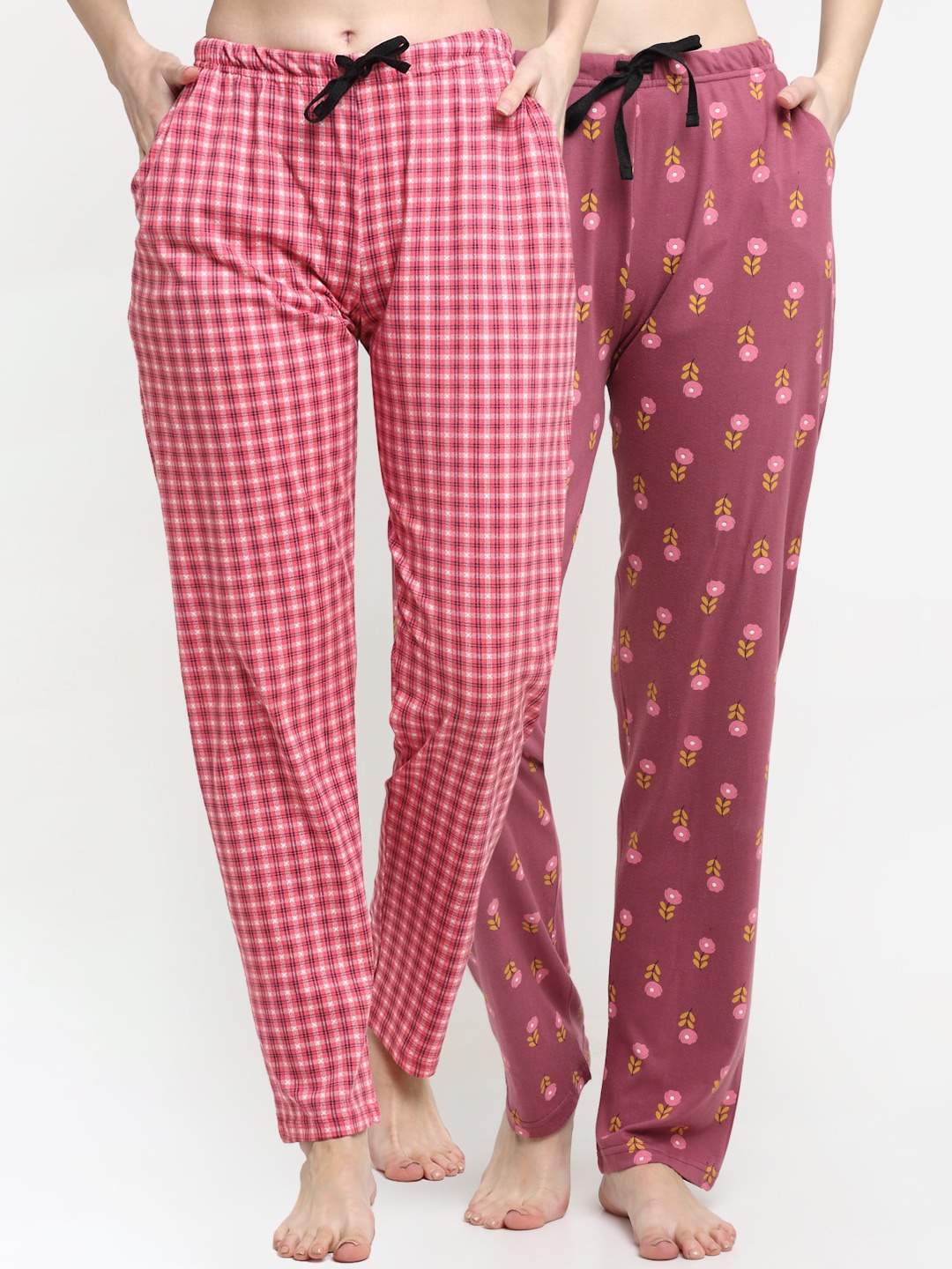 

Kanvin Women Pack of 2 Printed Pure Cotton Lounge Pants, Pink