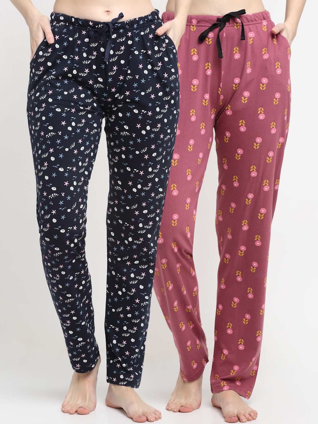 

Kanvin Women Pack Of 2 Pink & Navy Blue Printed Lounge Pants