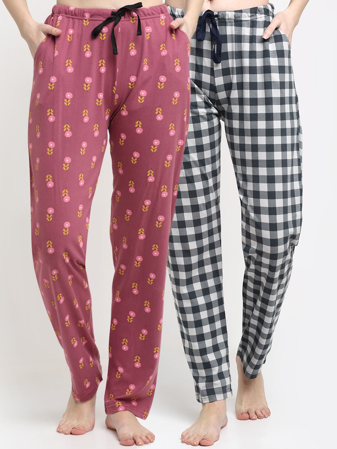 

Kanvin Women Pack Of 2 Printed Pure Cotton Lounge Pants, Pink