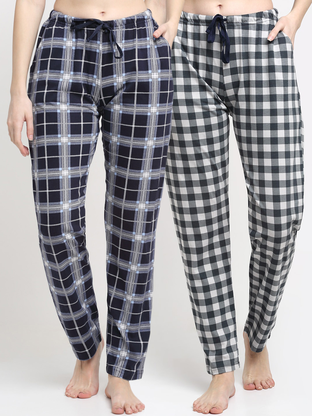 

Kanvin Women Pack Of 2 Checked Pure Cotton Lounge Pants, Navy blue