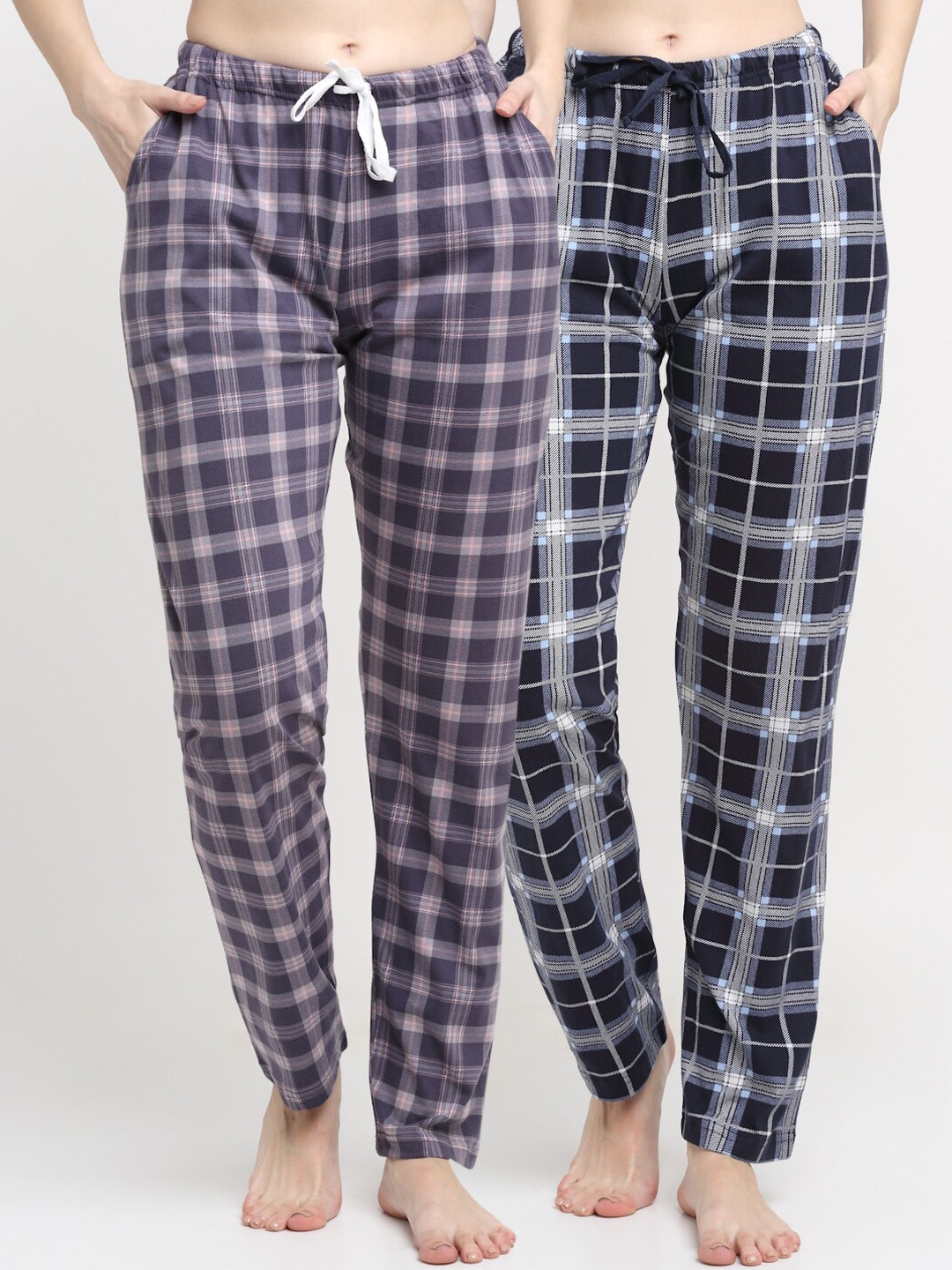 

Kanvin Women Pack of 2 Checked Pure Cotton Lounge Pants, Navy blue