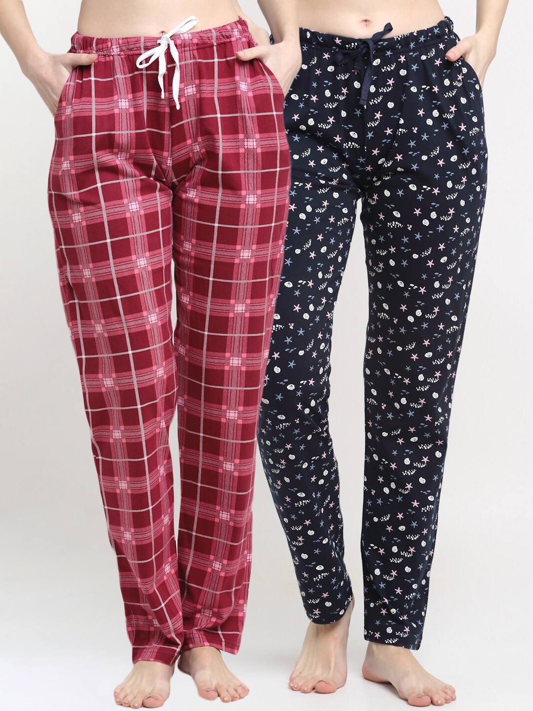 

Kanvin Women Pack Of 2 Printed Pure Cotton Lounge Pants, Red