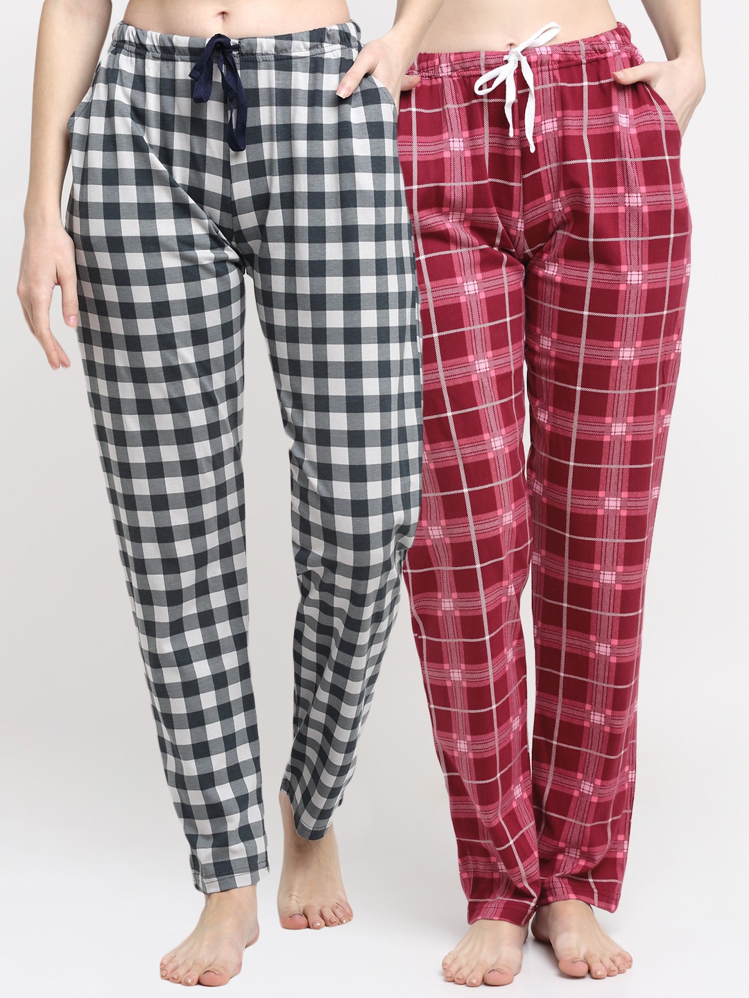 

Kanvin Women Pack Of 2 Checked Pure Cotton Lounge Pants, Red