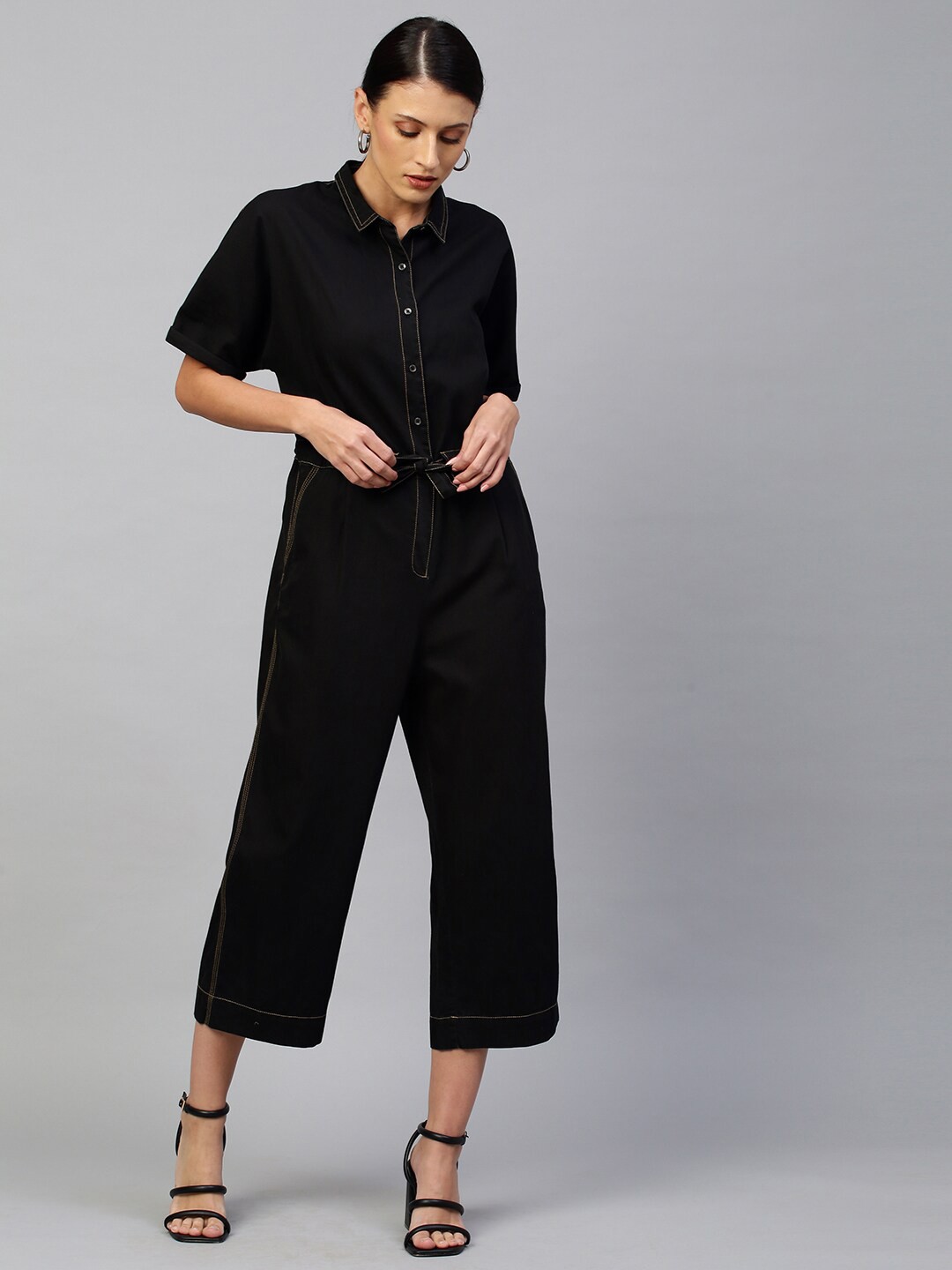 

Chemistry Women Black Solid Denim Jumpsuit with Contract Stitches