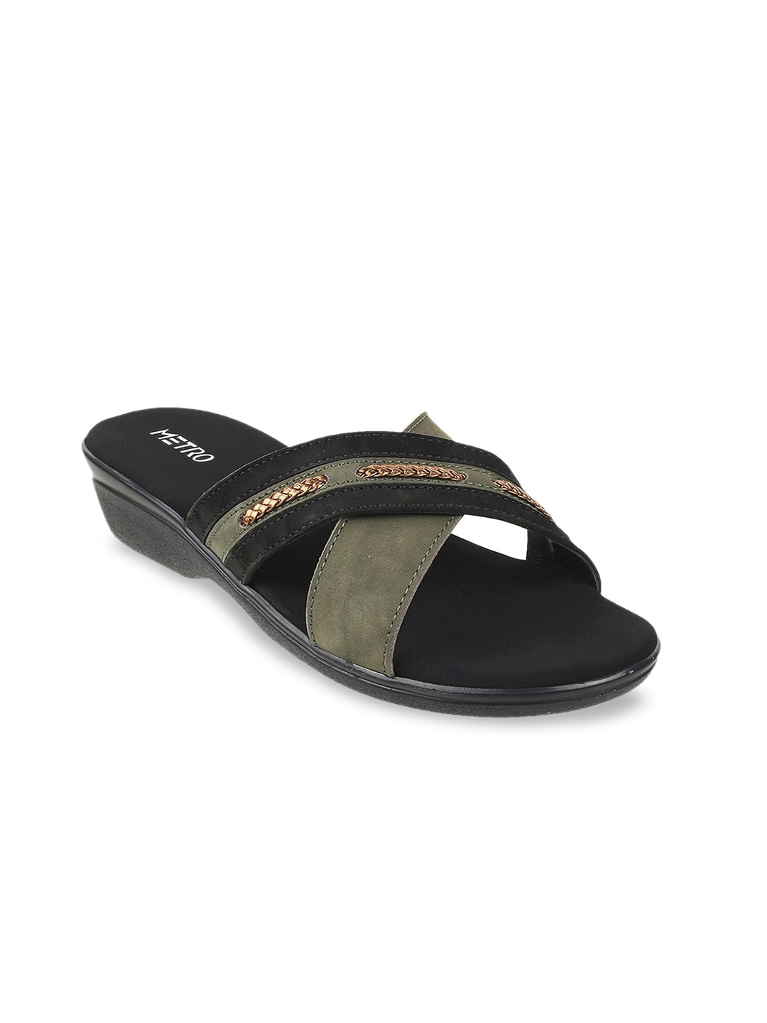 

Metro Women Olive Green Colourblocked Open Toe Flats
