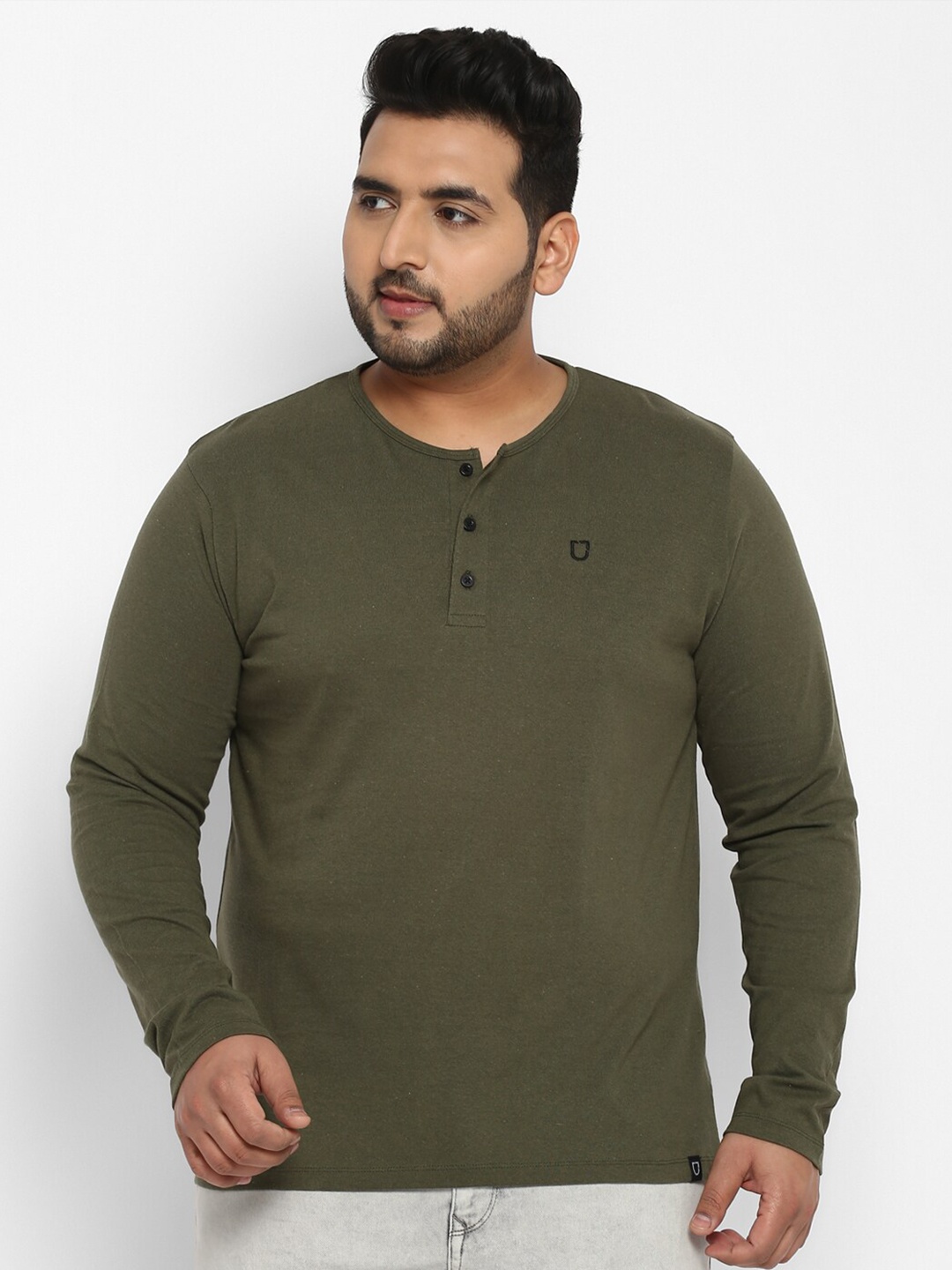 

Urbano Plus Men Olive Green Henley Neck T-shirt