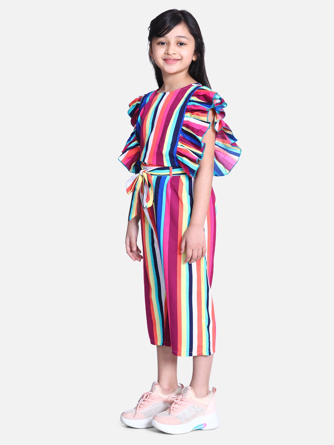 

Cutiekins Girls Blue & Pink Striped Capri Jumpsuit with Ruffles