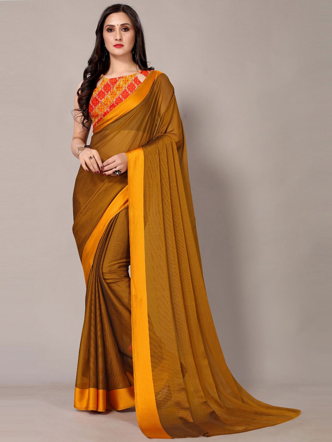 

HRITIKA Mustard Yellow Solid Chiffon Designer Saree