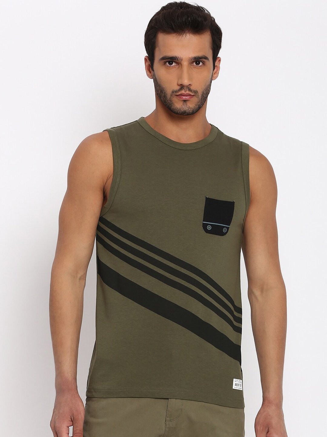 

abof Men Olive Green Printed Pure Cotton Innerwear Vests