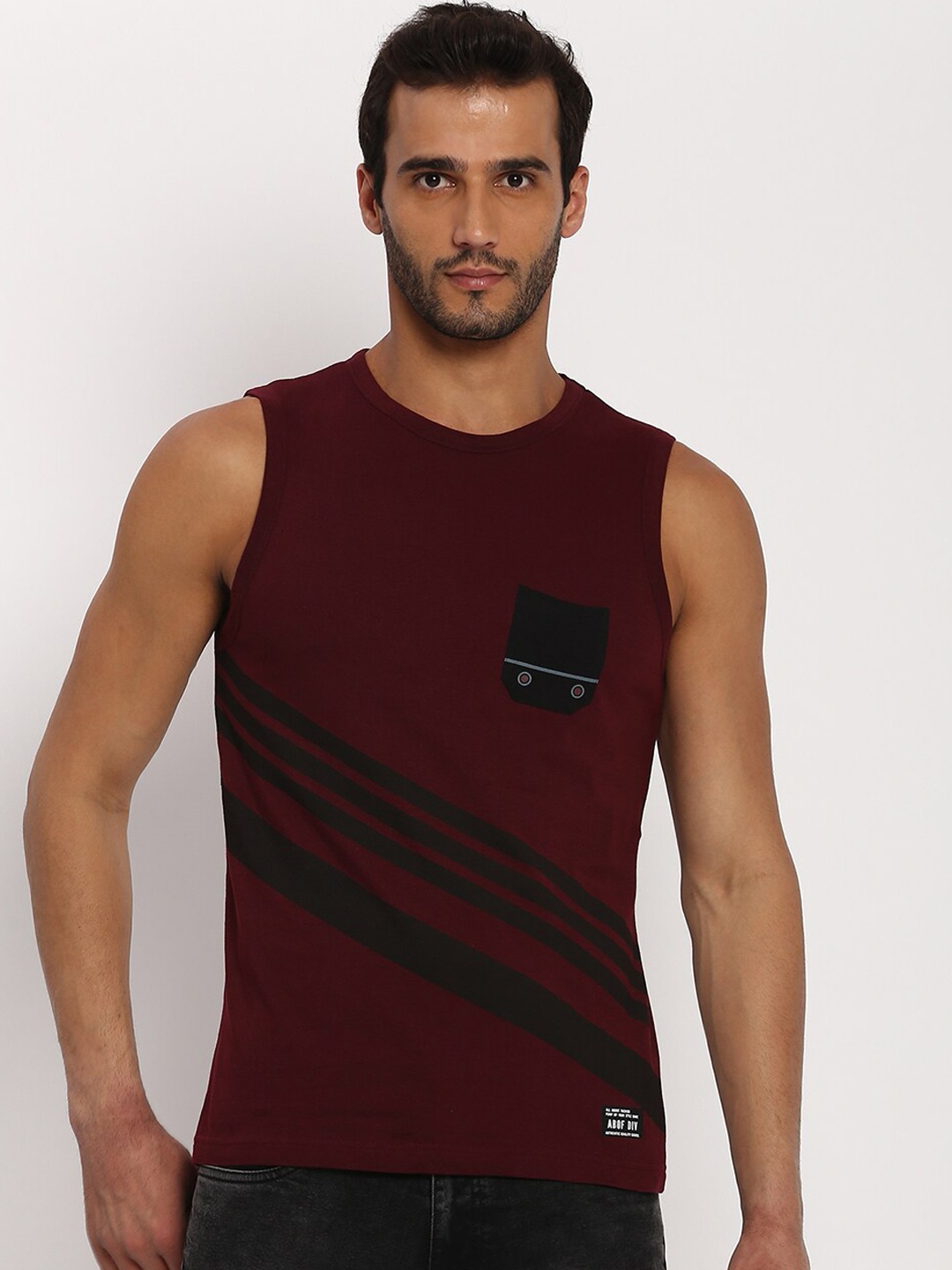 

abof Men Maroon & Black Printed Pure Cotton Gym Vest