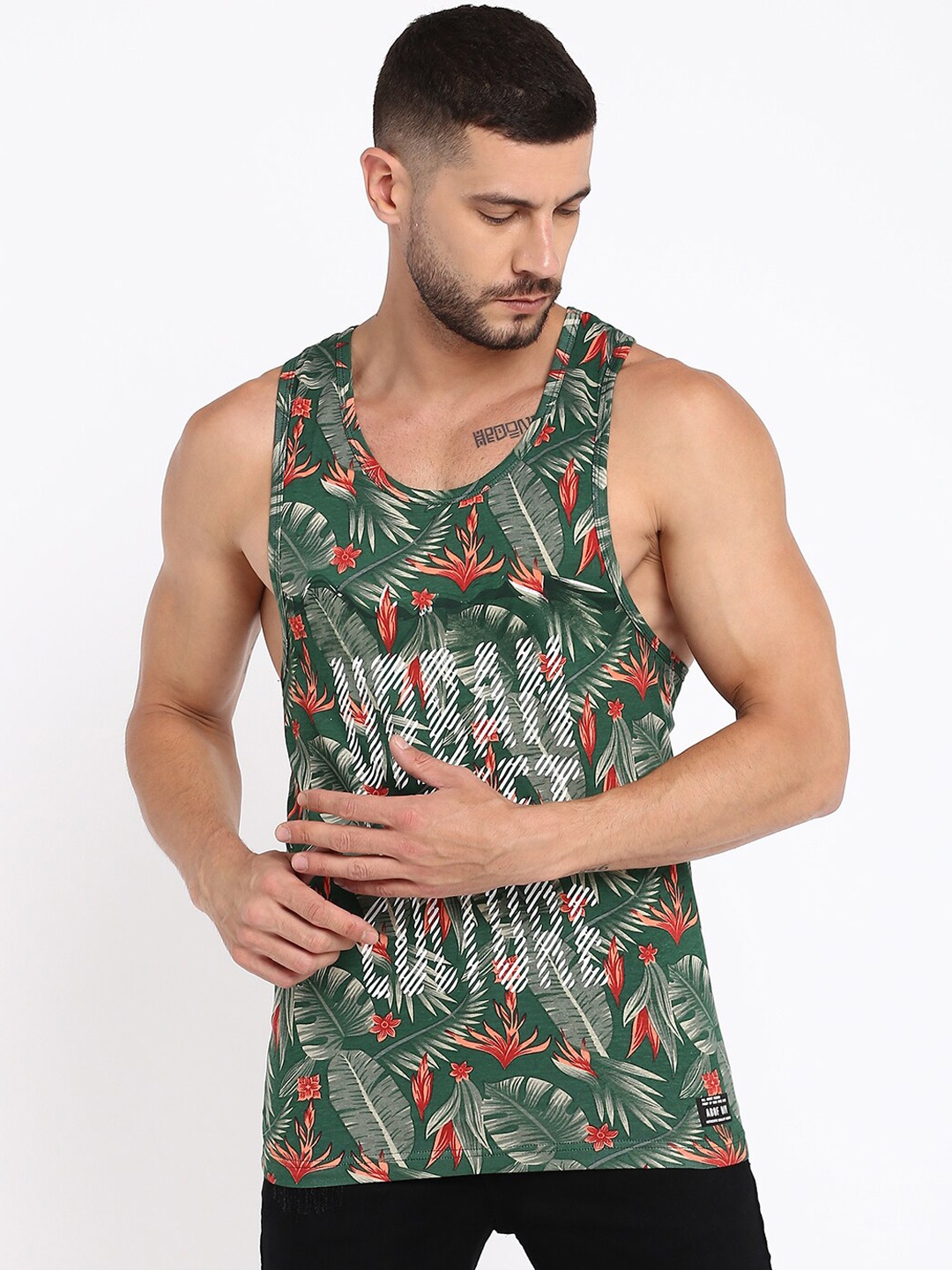 

abof Men Green Printed Cotton Innerwear Vests BOS21AMCWVS0034782