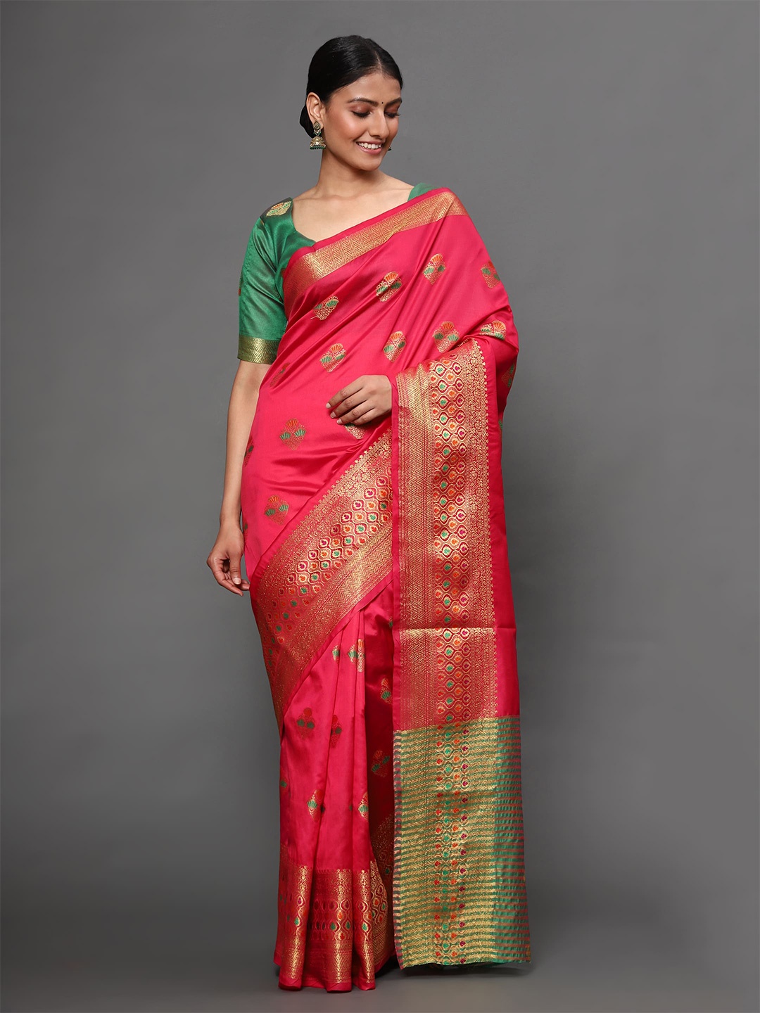 

Havida Sarees Pink & Green Ethnic Motifs Zari Silk Blend Banarasi Saree