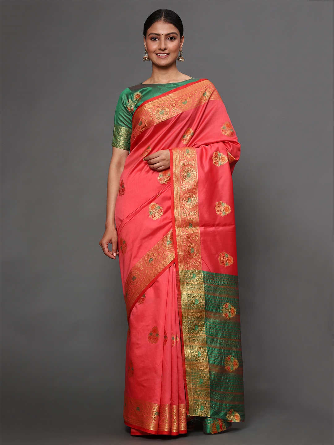 

Havida Sarees Pink & Green Floral Silk Blend Banarasi Saree